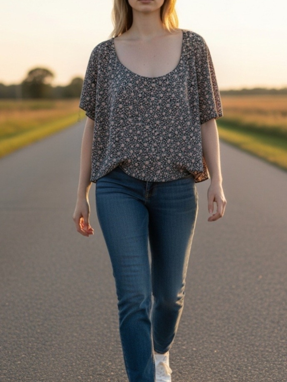 POL Scoop Neck Floral Boxy Top Black with Pink Accents